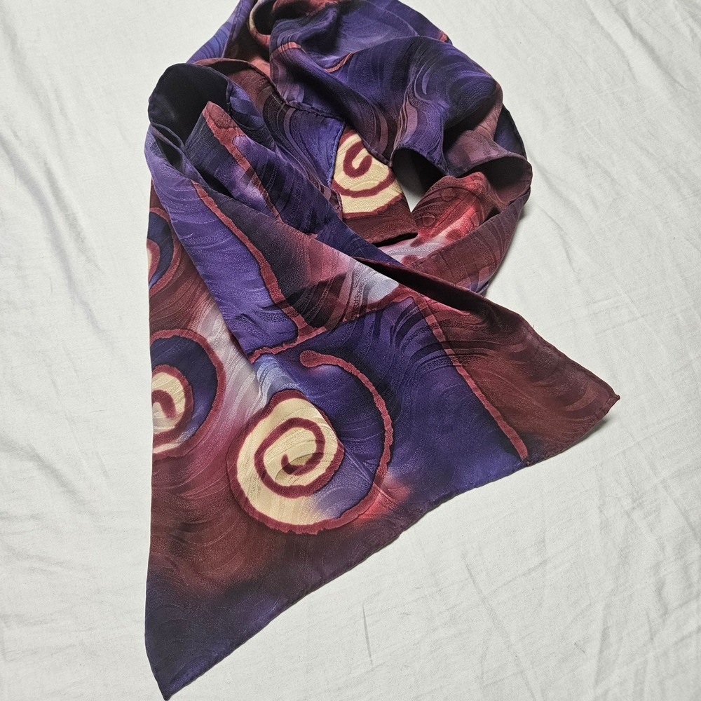 Silk Abstract‎ Print Scarf Womens OS Purple Burgundy Boho Artistic